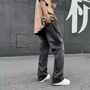 美式潮流牛仔裤男生复古水洗做旧宽松直筒裤港风ins阔腿裤子潮男,男生抓绒衣搭配图片