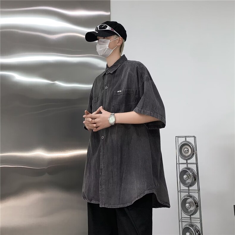 夏季新款美式街头hiphop牛仔衬衫短袖男女宽松上衣外套J10199-P58,男装衬衫,星座1008