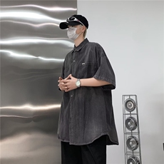 夏季新款美式街头hiphop牛仔衬衫短袖男女宽松上衣外套J10199-P58，男装衬衫，星座1008