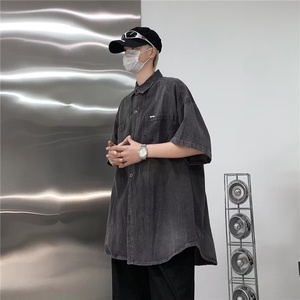 夏季新款美式街头hiphop牛仔衬衫短袖男女宽松上衣外套J10199-P58图片