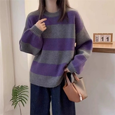 秋冬新款条纹针织套头上衣时尚百搭，女装针织衫/毛衣，泰沅羊绒
