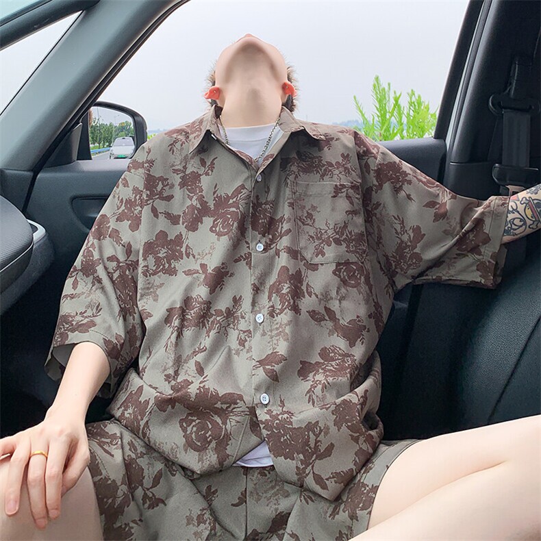 2025夏碎花印花冰丝凉感短袖衬衫薄套装 TZ7890/特P45 绿色图片