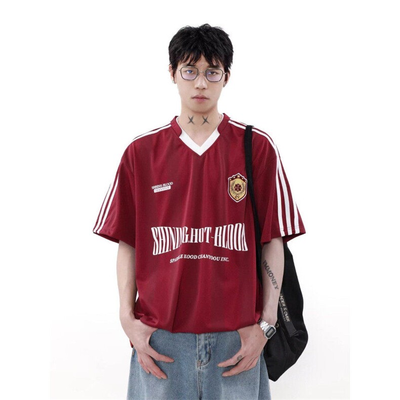 网络图现货美式复古潮流学院风拼接V领三道杠印花T恤JCT50-P38,男装T恤,星座715-7