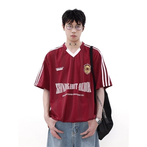 网络图现货美式复古潮流学院风拼接V领三道杠印花T恤JCT50-P38