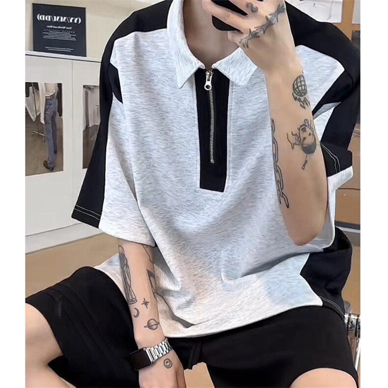 网图半拉链撞色拼接夏季潮男休闲短袖男女同款宽松T恤T2225-P38,男装T恤,星座1213