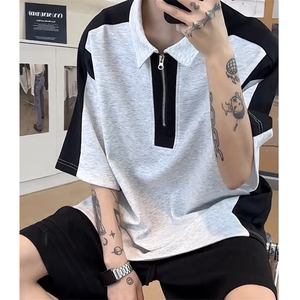 网图 半拉链撞色拼接夏季潮男休闲短袖男女同款宽松T恤T2225-P38图片