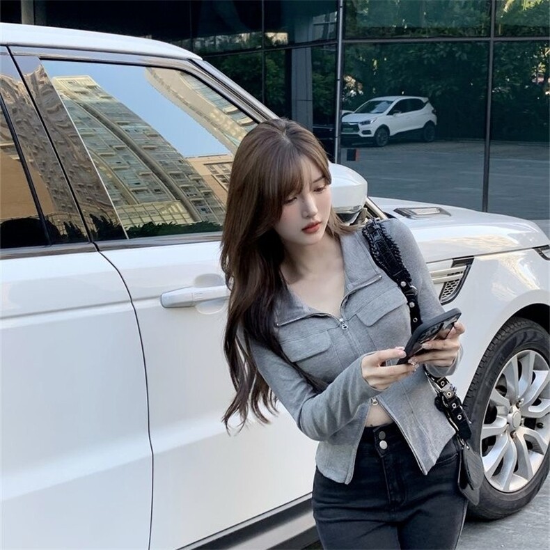 春秋季纯欲修身设计感小众拉链辣妹上衣女领显瘦气质长袖恤,男装卫衣,星座1210-1