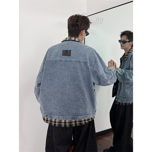 翻领假两件格子牛仔夹克男潮牌外套宽松街头痞帅1001-1-J2583-P83图片