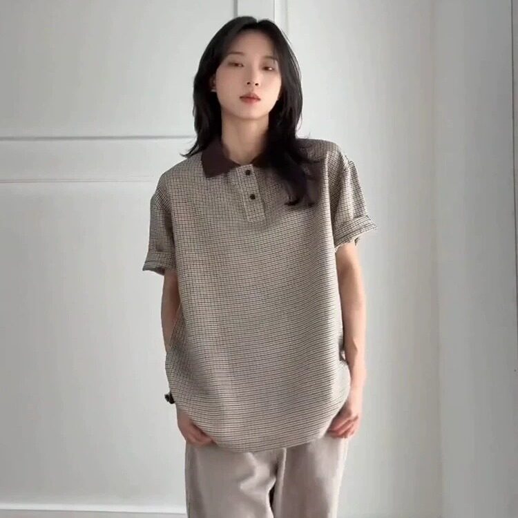 2025经典千鸟格撞色短袖polo衫复古格纹宽松翻领半袖T恤男,男装T恤,星座506A