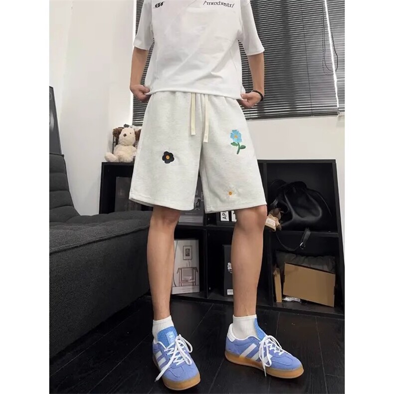 夏季潮牌小花五分裤子男款设计感小众大码宽松运动休闲短裤图片