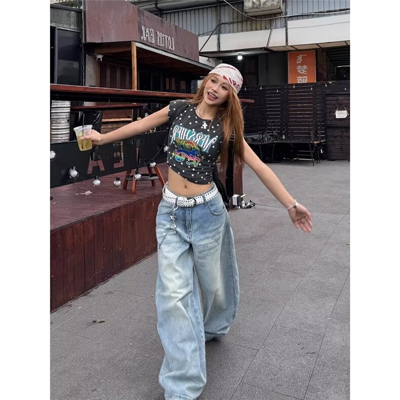 美式复古口袋刺绣阔腿牛仔裤女高腰宽松显瘦休闲百搭直筒拖地长裤,男装牛仔裤,星座1210-1