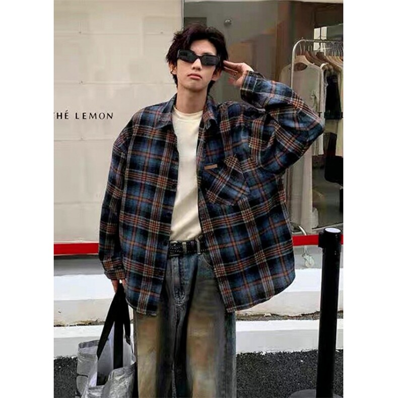 格子衬衫男女痞帅春秋季美式复古外套小众情侣长袖衬衣 CSS333图片