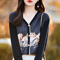 时尚气质马车印花V领开衫秋冬新款羊毛针织衫显瘦百搭外套，女装针织衫/毛衣，科源羊绒
