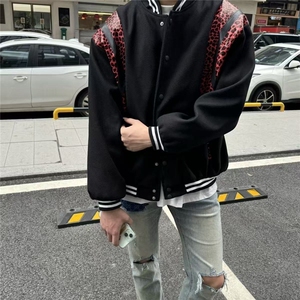 春秋季网红潮牌拼接豹纹棒球社会夹克宽松外套潮百搭上衣男女同款图片