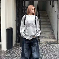 美式复古水洗弯刀牛仔裤女春秋款辣妹高街设计感宽松阔腿拖地裤子，男装牛仔裤，星座506A