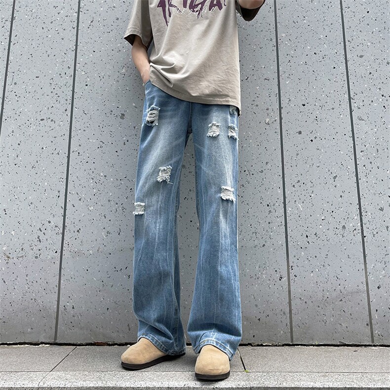 夏季薄款复古闪电破洞牛仔裤新款潮流宽松水洗直筒裤,男装牛仔裤,星座410-6（原星座1304-1）