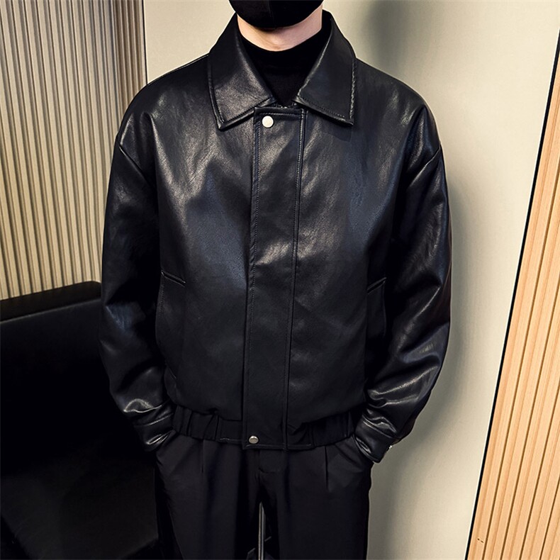 春秋季翻领黑色皮衣潮流简约行政皮夹克男A368-P5807-P138,男装夹克,电商A368