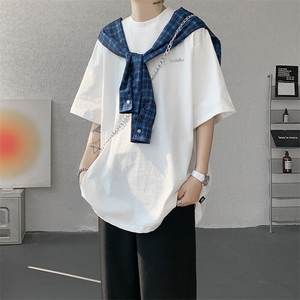 8XL-M 潮情侣美式拼接打结格子假两件短袖宽松纯棉T恤男 DX338图片