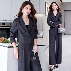 气质条纹印花西服套装女2024秋季新款休闲通勤短外套阔腿裤两件套，女装套装/套裙，时尚俏佳人