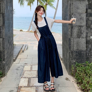 工装牛仔背带裤套装女2025夏季新款韩版时尚减龄休闲阔腿裤两件套图片