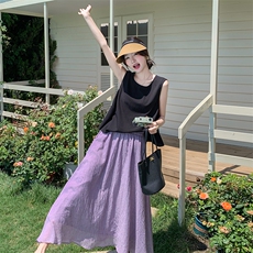 可盐可甜紫色半身裙套装女夏季2025新款慵懒松弛感百搭通勤两件套，女装套装/套裙，2C129