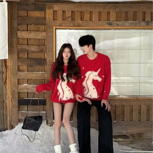 宽松气质慵懒时尚圆领针织衫秋冬季提花马年图案复古软糯情侣毛衣图片