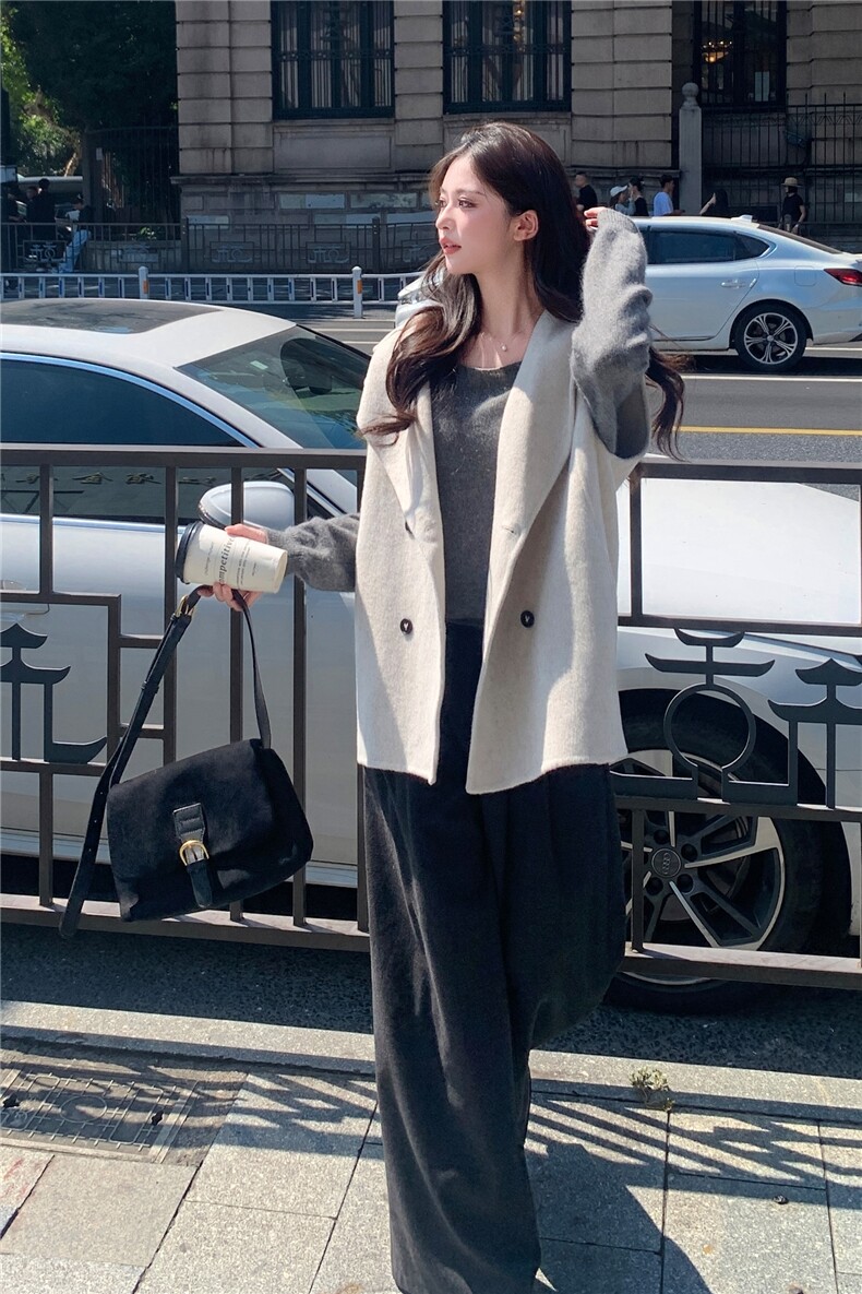 现货主推新款双面羊毛呢连帽百搭宽松休闲羊毛马甲女外套,女装双面呢大衣,丝露依尚（原SL）