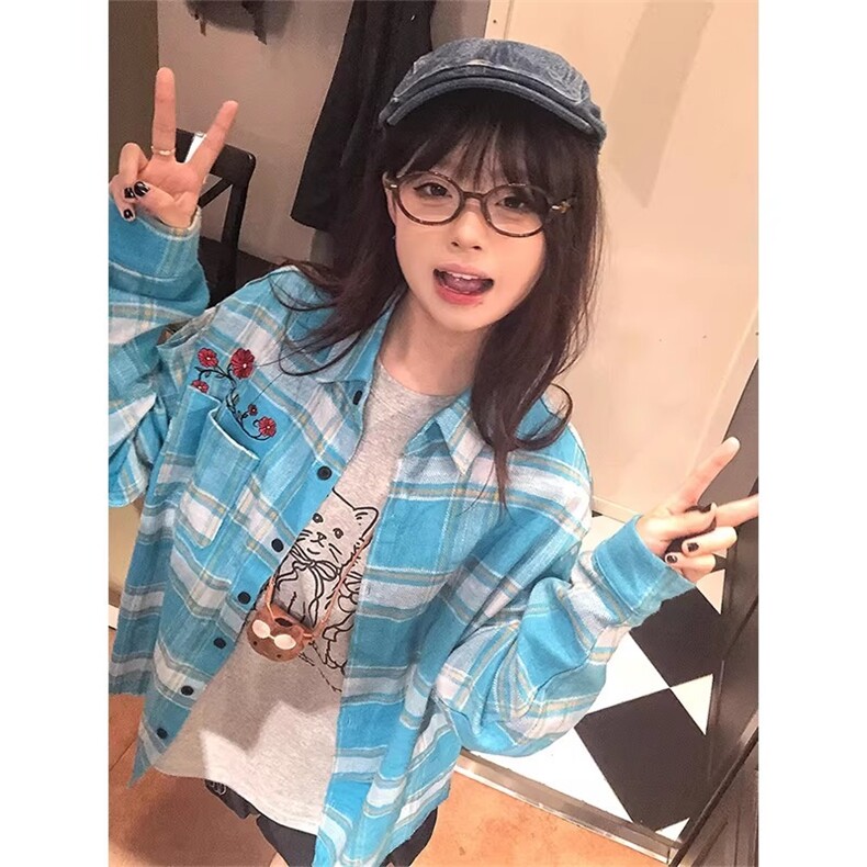 美式复古格子衬衫女春季刺绣蓝色衬衣防晒外套oversize高级感上衣,男装防晒衣,星座302B-2
