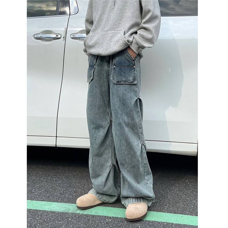 美式复古蓝宽松直筒牛仔裤男褶皱设计4XZ502-K775-P55控79,男装牛仔裤,星座502
