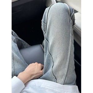 浅色牛仔裤男款春夏复古直筒宽松阔腿裤松紧腰裤子 ND800图片