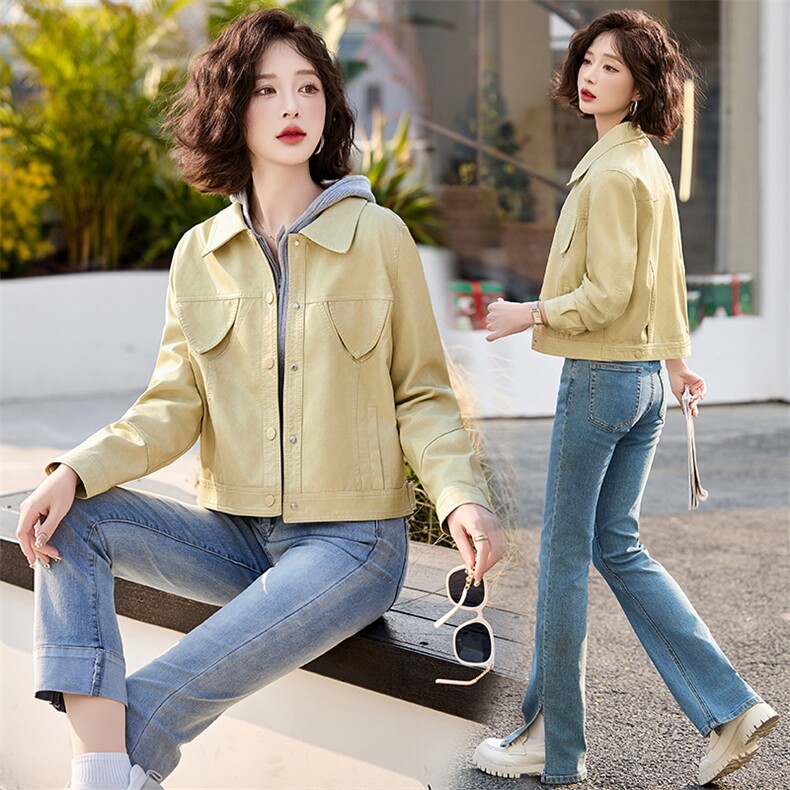 洋气减龄粉色短款皮衣外套女2025春新款小个子休闲翻领皮夹克上衣,女装皮衣,魅丽静蓝