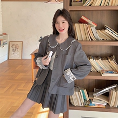 灰色娃娃领西装套装裙女2025春季新款韩系学院风减龄百褶裙两件套，女装套装/套裙，浙宝103（原192）