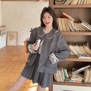 灰色娃娃领西装套装裙女2025春季新款韩系学院风减龄百褶裙两件套图片