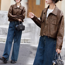 短款皮衣外套女2024秋季新款宽松休闲美式复古美拉德机车夹克上衣，女装皮衣，跑量工厂店