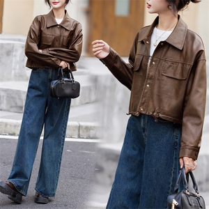 短款皮衣外套女2024秋季新款宽松休闲美式复古美拉德机车夹克上衣图片