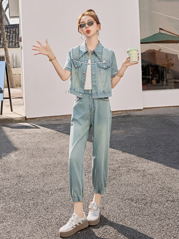 夏季时尚牛仔套装女2025年新款休闲穿搭欧货时髦洋气九分裤两件套,女装套装/套裙,意芙