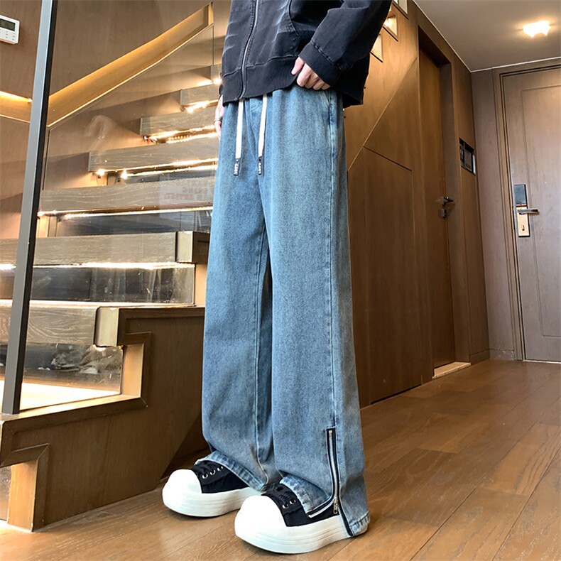 裤脚口带拉链 秋冬美式复古水洗高街微喇牛仔裤A158-NZK083-P48图片