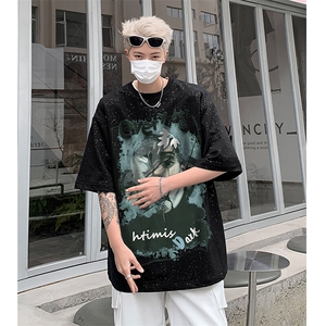美式夏季重磅满天星卡通印花涂鸦宽松短袖男女T恤-H870-特P28图片