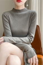 精纺天丝羊毛半高领针织打底衫女24秋冬长袖薄款毛衣时尚修身内搭，女装羊毛衫，越洋羊