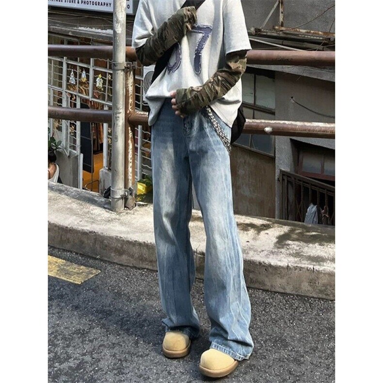 浅蓝牛仔美式复古微喇水洗牛仔裤ins潮流宽松阔腿牛仔裤NKK03P50,男装牛仔裤,电商D256A(原A064A)
