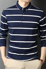 G2229秋季男士中年t恤polo衫上衣长袖中年商务宽松条纹体恤P65图片