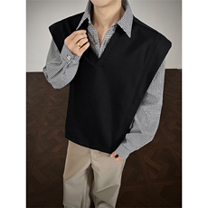 小众撞色面料拼接格子宽松卫衣高街假两件卫衣经典格子假两件P55，男装卫衣，电商B319