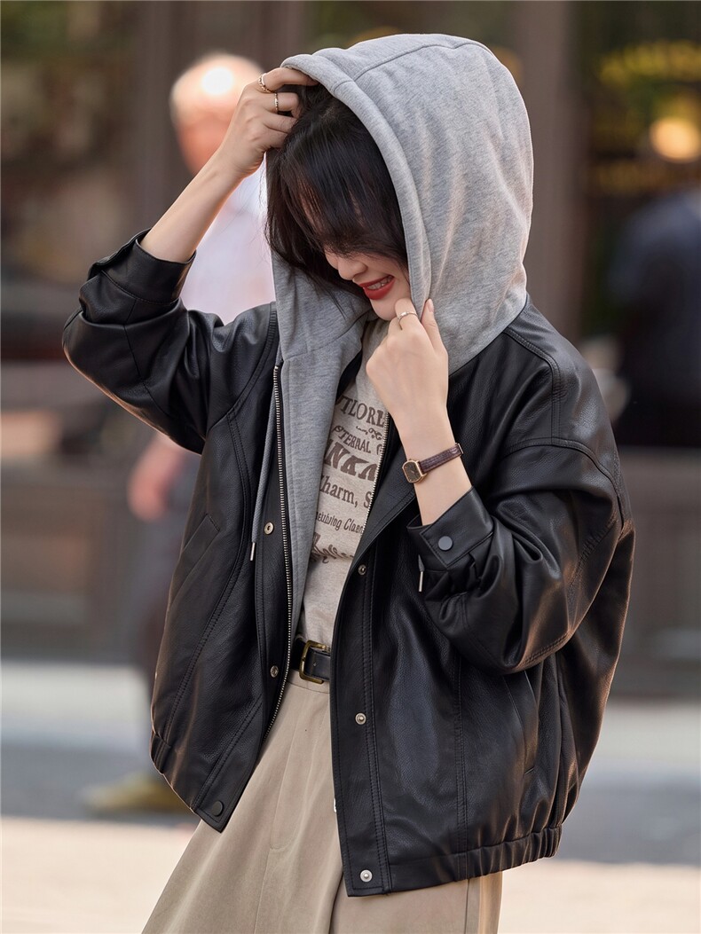 B款现货】秋季复古连帽短款皮衣女宽松百搭休闲小个子外套女2661,女装皮衣,潮流依族