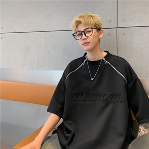 港风双则金属拉链钢印潮流短袖T恤男DT77788P45控59：供抖音视频图片