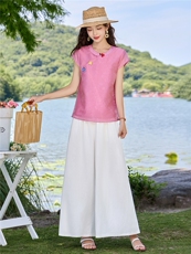 现货2026年夏季新中式上衣麻料阔腿裤子，可分开卖，女装套装/套裙，伊仟回