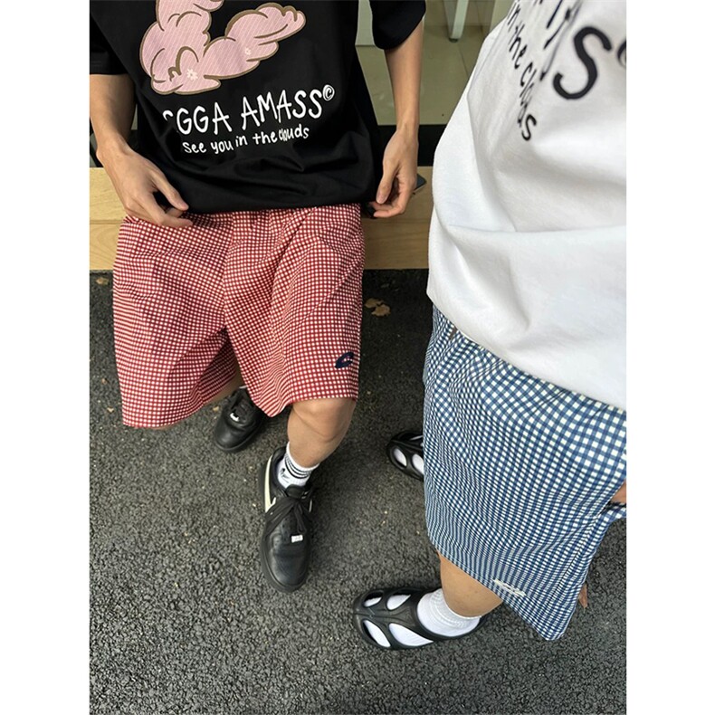 网图有货夏季薄款透气速干格子刺绣五分宽松短裤男女A542-P18,男装休闲裤,星座1505