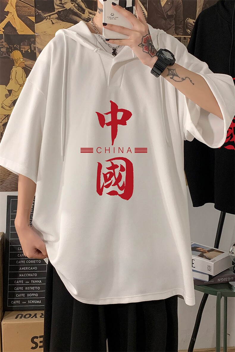 LD54198-P45 连帽短袖t恤男大码胖子带帽五分袖中袖图片