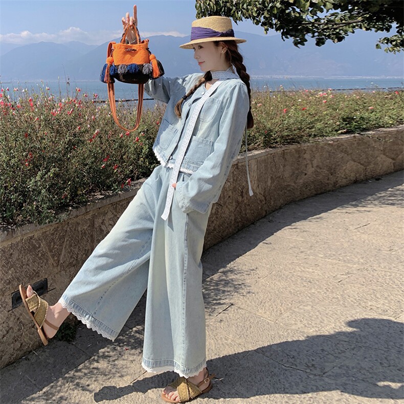 复古蕾丝花边牛仔套装女2025春季新款甜酷风休闲外套阔腿裤两件套,女装套装/套裙,2C239