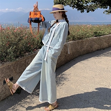 复古蕾丝花边牛仔套装女2025春季新款甜酷风休闲外套阔腿裤两件套，女装套装/套裙，2C239