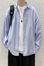 港风宽松休闲条纹百搭潮流长袖衬衫上衣男装D201-DM85-P45，男装衬衫，电商D321-1